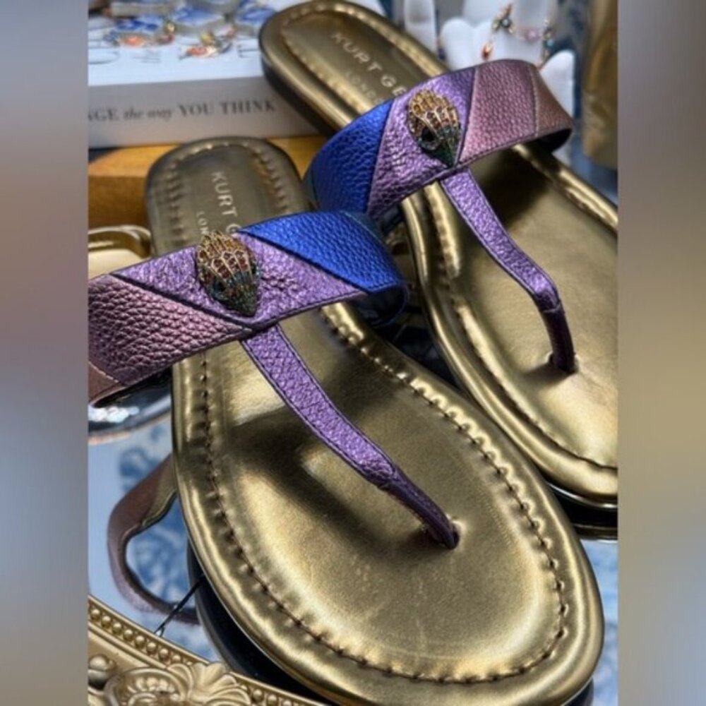 🆕 KURT GEIGER LONDON 🧿 NWOB Kensington T-Bar Sandal, Metallic Rainbow, Sz US 7 - Picture 8 of 13